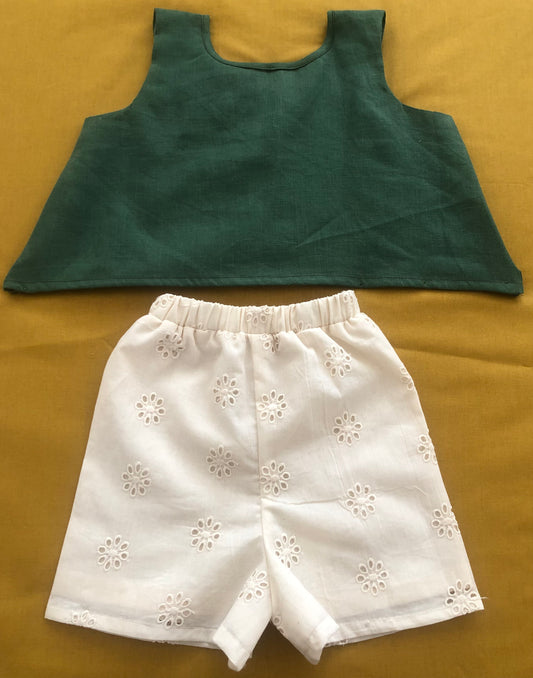 two-piece set-Linen Green Top with Cream Hakoba Shorts